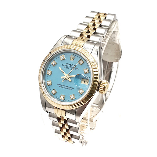 ساعت رولکس دیت جاست سیلور طلایی صفحه آبی فیروزه ای