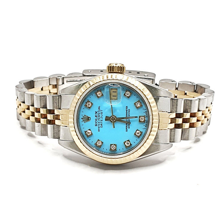 ساعت رولکس دیت جاست سیلور طلایی صفحه آبی فیروزه ای